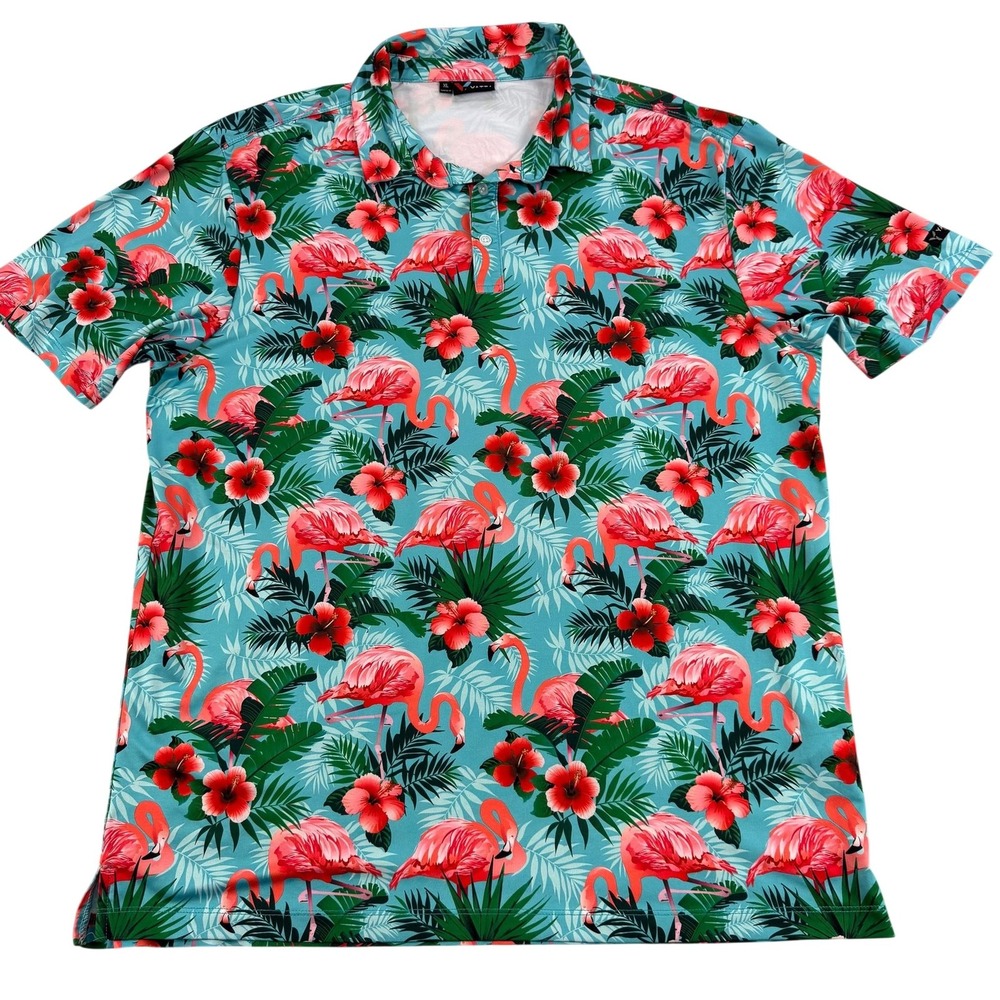 Yatta Golf Polo Shirt Mens XL Flamingo Floral Hawaiian Stretch Performance Top